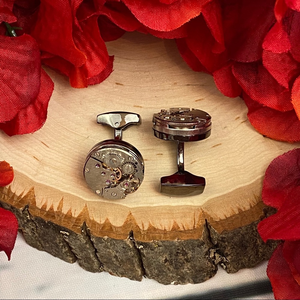 Gunmetal Steampunk Skeleton Clock Gears Cufflinks - Picture 13 of 16